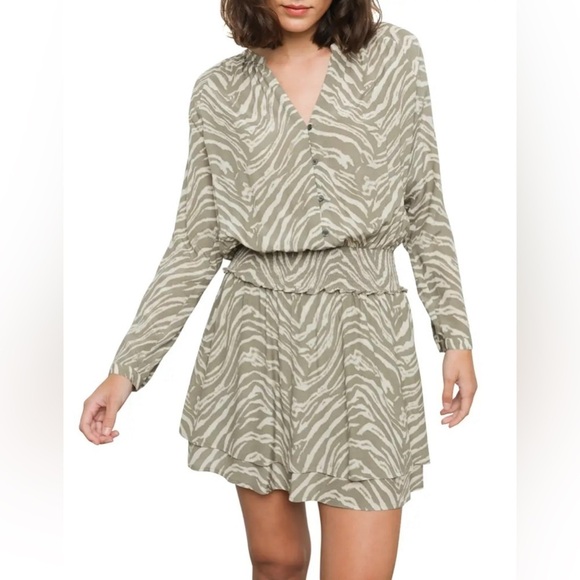 Rails Jasmine Safari Wild Cat Tiger Print Long Sleeve Dress Tan Cream Sz Medium - Picture 1 of 11